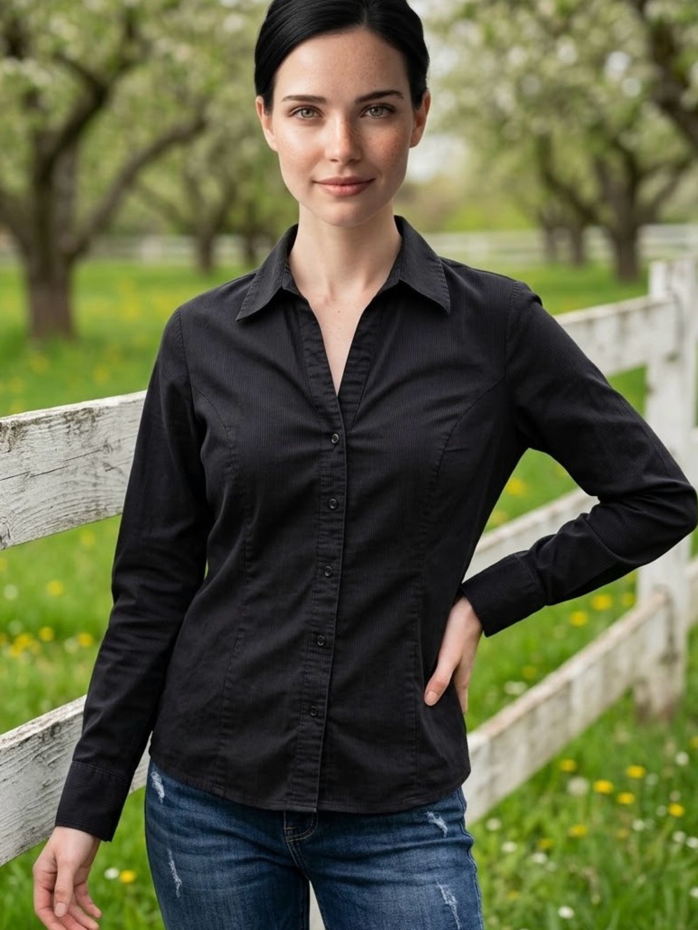 Lee Riders Casual Minimalist Black Fitted Button-Down Cotton Stretch Shirt-M